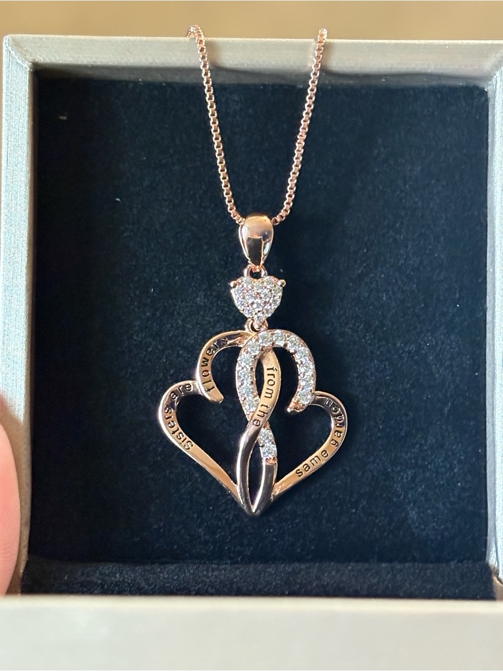 Rose Gold Plated “Sisters” Heart Necklace New